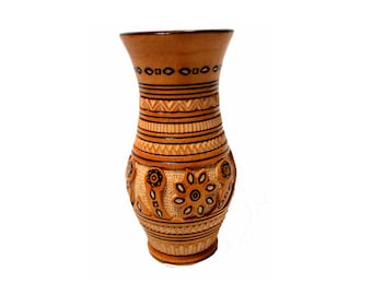 Vintage Ukrainian Carved Wood Vase, Burnt Floral Design, Handmade 1980s #67