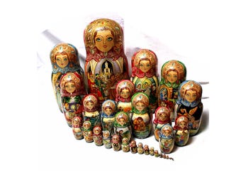 Vintage 30-delige Russische houten nestpop (matrioshka) handgeschilderde kunstenaar ondertekende sprookjes #165