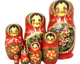 Vintage Traditional Russian Nesting Doll Matrioshka -Hand Painted by Russian Artist - 7 doll set – 8" First Doll Height Floral Design