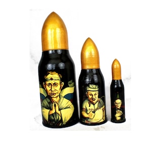 Russian Bullet Shape Nesting Doll Matrioshka Russian Presidents Gorbachev Yeltsin Putin Satirically Hand Painted 2 Variations #118,121