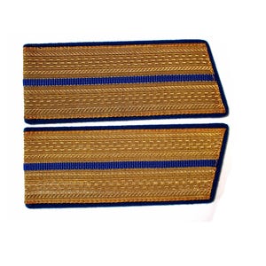 Pode incluir: Duas ombreiras azuis e douradas com bordados dourados e uma faixa azul.