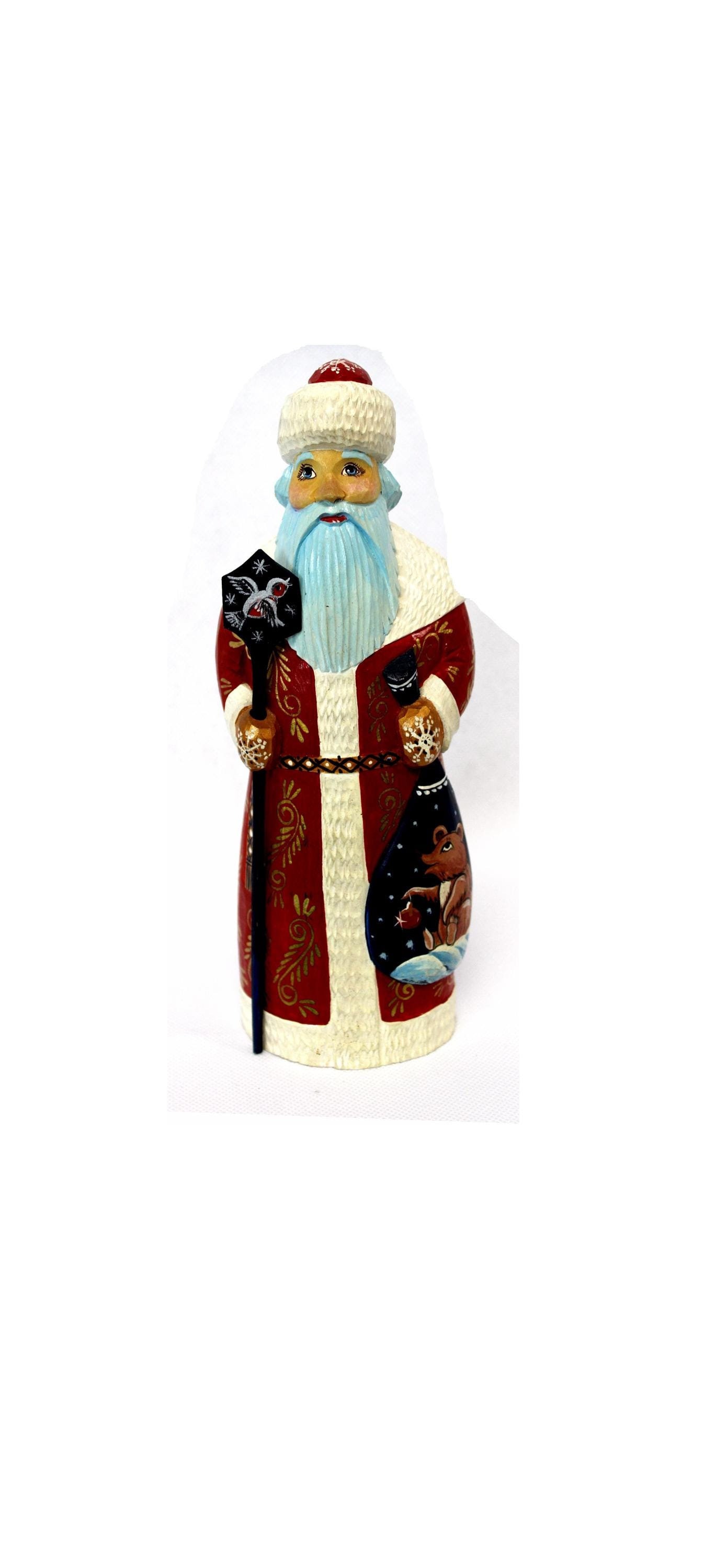 サンタ Vintage 1998 Hand-painted Russian Wood Santa Claus, Bear Sack #32