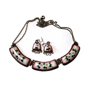 Vintage Russian Unique Handmade and Hand Painted Enamel Set Earrings and Necklace Finift Technique JEWELRY Intricate Handmade Filigree #58