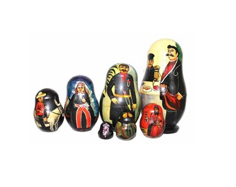 Unique Russian Hand Painted Wooden Nesting Doll Signed by the Artist –Famous Georgian Artist Pirosmani Paintings-7 Pieces Made in USSR