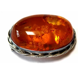 Baltic Genuine Amber Brooch 925 Sterling Silver Vintage Handmade in Poland #91