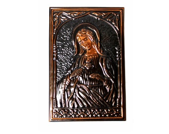 Vintage Rare Ukrainian Hand Hammered Copper Brass Thin Metal Plate Icon Virgin Mary Orthodox Church Excellent Condition Christmas Gift #32