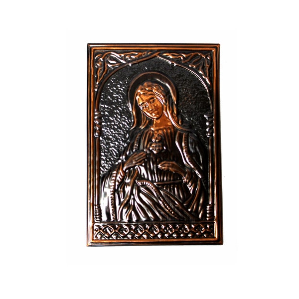 Vintage Rare Ukrainian Hand Hammered Copper Brass Thin Metal Plate Icon Virgin Mary Orthodox Church Excellent Condition Christmas Gift #32