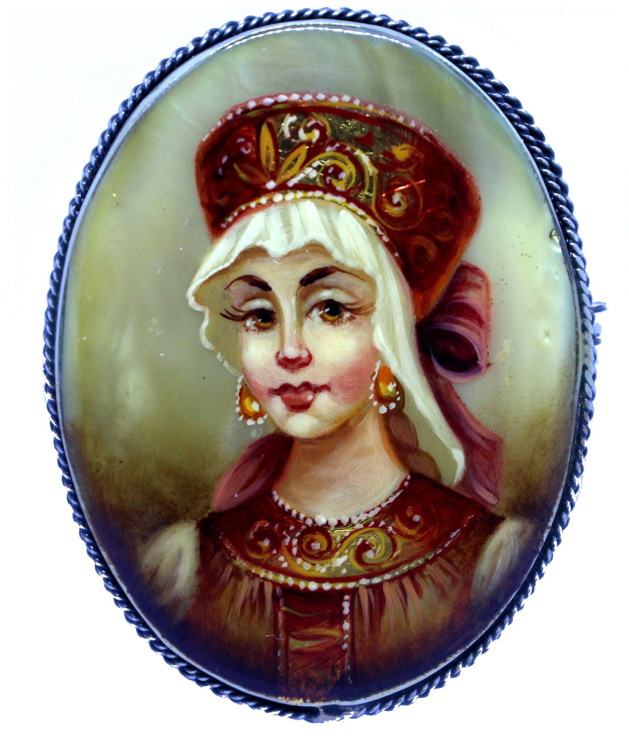 Broche En Nacre Peinte 'Beauté Russe' Fedoskino - Bijou Cadeau Femme, Neuf Avec étiquettes