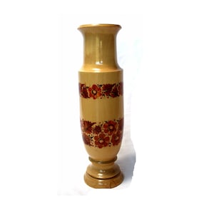 Large Vintage 1980 Unique Ukrainian Handmade & Hand Painted Vase From Natural Hardwood Red Flowers and Lacquered Natural Wood Texture #93