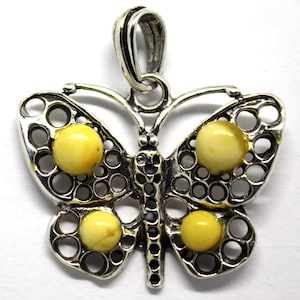 Vintage Butterscotch Baltic Amber Butterfly Pendant: Sterling Silver 1990s