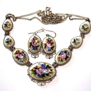 Vintage Russian Unique Handmade and Hand Painted Enamel Set Earrings and Necklace Finift Technique JEWELRY Intricate Handmade Filigree #27a