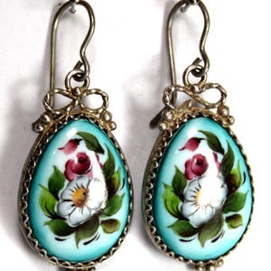 Great Gift Idea Vintage Russian Unique Handmade and Hand Painted Enamel Finift Technique JEWELRY Cute Floral Design Dangle EARRINGS #140
