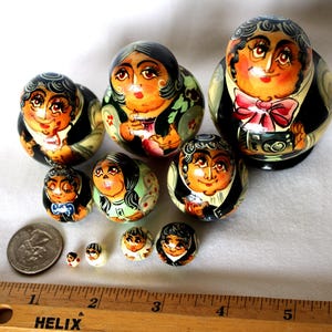 Vintage Russian Hand Painted & Signed by Russian Artist Matrioshka Unique Made  in USSR Miniature Nesting Doll– Jewish Family 10 Pieces #147