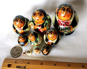 Vintage Hand Painted Signed Russian Artist Matrioshka Miniature Nesting Doll Jewish Family #142,143