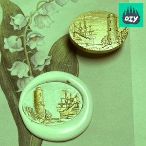 3D-wasstempel vuurtoren en zeilboot, lakzegelstempel in reliëf, retro postzegels met handvat, lakzegelstempel