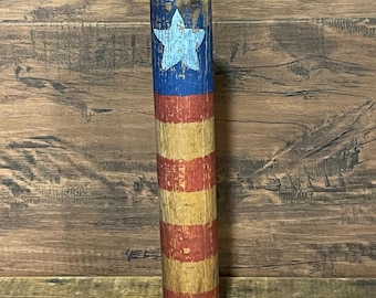 Wood Bobbin Spool Primitive Patriotic 4th of July Candle Stick with Candle -10" Tall Hand Painted