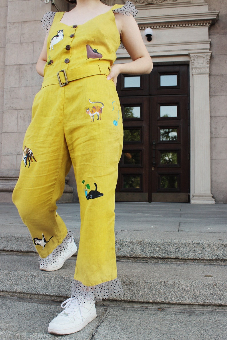 Summer Jumpsuit Linen Clothing Cat Print Clothes Etsy