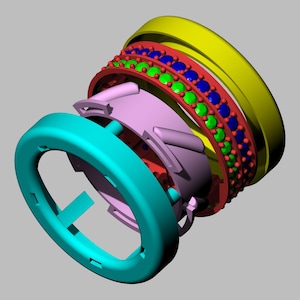 May include: A multi-layered ring design in a 3D rendering. The ring features a teal outer band, a pink inner structure, and several bands with red, green, blue, and yellow accents. The design is complex and colorful, showcasing a modern jewelry concept.