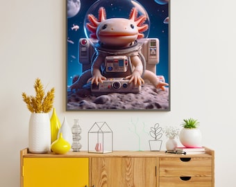 axolotl, salamander, schattige astronaut axolotl, axolotl kunst, afdrukbare muurkunst, dierenposter, woondecoratie, afdrukbare poster