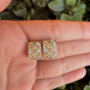 Retro 10K Tri-Color Gold Rectangular Criss Cross Omega Back Statement Earrings
