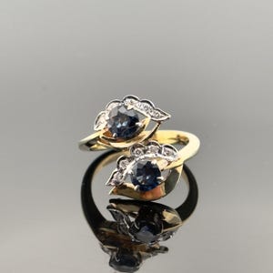 Vintage 14k Yg Blue Sapphire and Diamond Bypass Ring