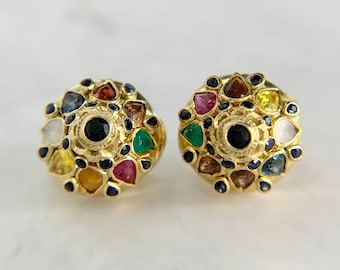 Vintage 14K Yellow Gold Sapphire Emerald Ruby Multi-Stone Thai Princess Earrings