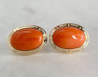 Vintage 14K Yellow Gold Natural Coral Cabochon Greek Key Stud Statement Earrings