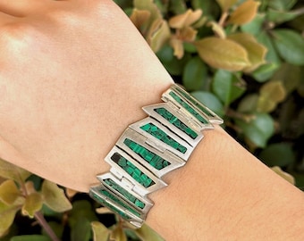 Retro Taxco Mexico 925 Sterling Silver Malachite Inlay Modernist Bracelet - 7"