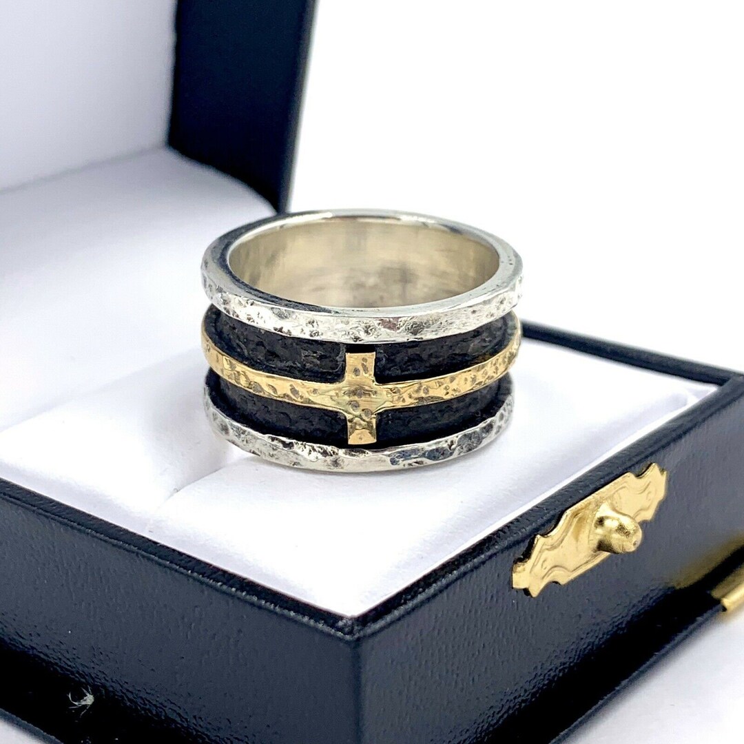 Custom 925 Sterling Silver & 18K Yellow Gold Hammered Finish Band Ring ...