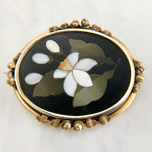 Antique 14K Yellow Gold Italian Inlay Mosaic Pietra Dura Lily Flower Pin Brooch