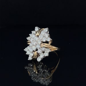 Retro 14K Two-Tone Gold 2 Carat Round Cut Diamond Floral Cluster Statement Ring