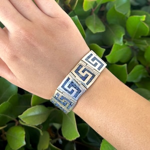 Retro Taxco Mexico 925 Sterling Silver Lapis Inlay Modernist Bracelet - 7.5&quot;