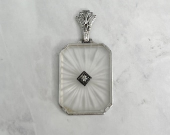 14k White Gold Art Deco Rock Quartz Diamond Pendant