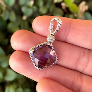 David Yurman Sterling Silver Amethyst On Point .14ctw Diamond Enhancer Pendant