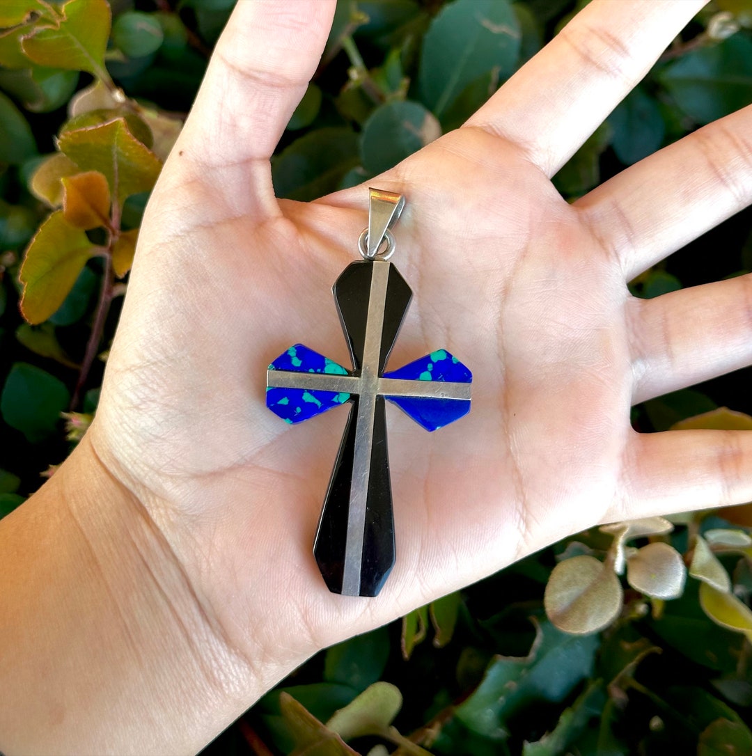 Vintage Taxco Mexico 925 Sterling Silver Onyx Azurite Malachite Cross ...