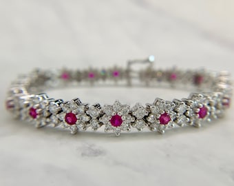 14K White Gold 5.00ctw Diamond and 2.70ctw Ruby Floral Tennis Bracelet - 7"