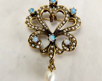 Antique Victorian 14K Yellow Gold Australian Opal Seed Pearl Bow Pin Brooch
