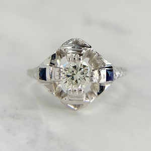 BELAIS Antique 18K White Gold Synthetic Blue Sapphire .50ct Diamond Ring