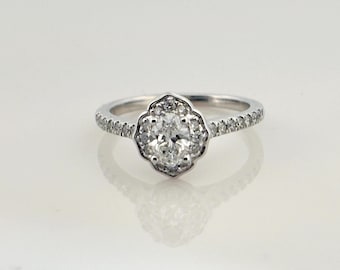 Vintage 14k White Gold Oval Center With Round Cut Diamond Halo Ring