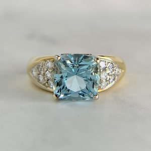 18K Yellow Gold 2.80ct Natural Cushion Cut Aquamarine and Diamond Cocktail Ring