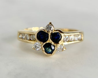 Antique 18K Yellow Gold .30ctw Blue Sapphire and .27ctw Diamond Shamrock Ring