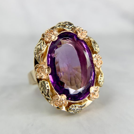 Large 14K Tri-Color Green Gold Oval Cut Amethyst … - image 1