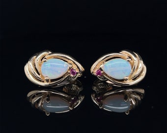 14K Yellow Gold Natural Opal Cabochon and Ruby Clip On Statement Earrings