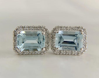 10k White Gold Natural Emerald Cut Aquamarine and Diamond Halo Earrings