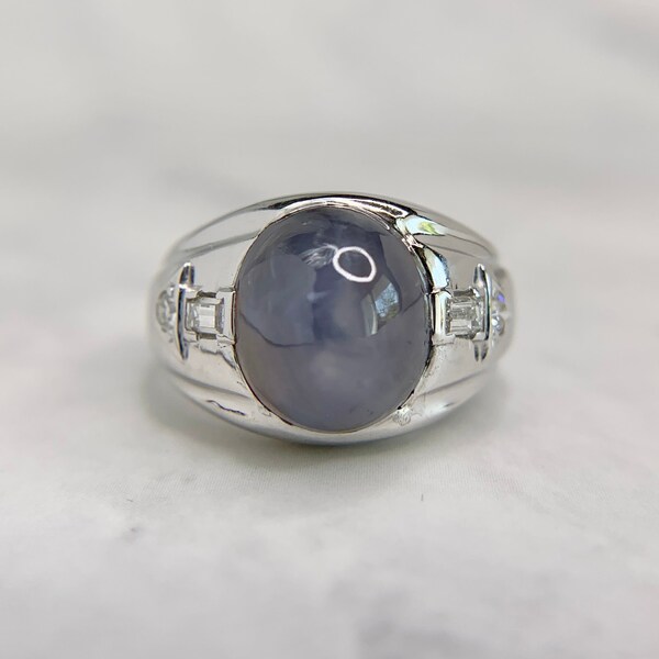 Vintage 18K White Gold Natural Star Sapphire and Diamond Unisex Statement Ring