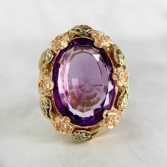 Large 14K Tri-Color Green Gold Oval Cut Amethyst … - image 2