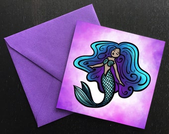 MERMAID CARD - Fantasy Artwork - Mythical Illustration - Maid of the Sea - Ocean Water - Birthday Card - Thank You Note - Purple Blue - Gift