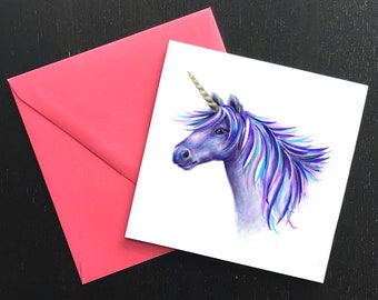 UNICORN CARD - Fantasy Artwork - Mythical Animal Magical Horse Illustration - Birthday Card Thank You Note Mother’s Day Card - Purple - Gift
