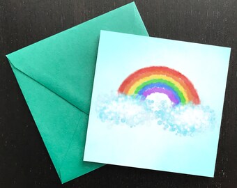 RAINBOW CARD - Summer Artwork - Colourful Clouds - Birthday Card Thank You Note Hostess Gift - Red Orange Yellow Green Blue Purple - Gift