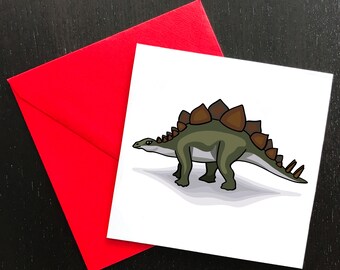 DINOSAUR CARD - Prehistoric Artwork Primitive Animal Reptile Stegosaurus Birthday Card Thank You Note Father’s Day - Green Brown Red - Gift
